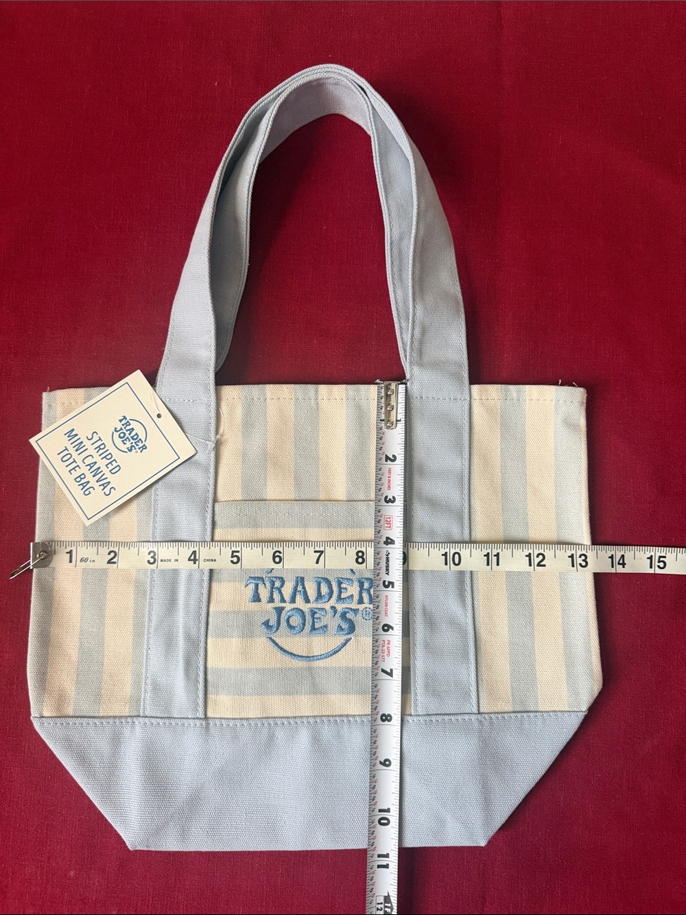 NWT Trader Joe's Striped Light Blue and White Mini Canvas Tote - Picture 4 of 6